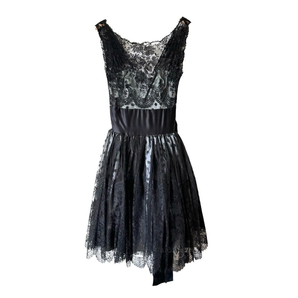 Vintage 50s Black Chantilly Lace Fit & Flare Cocktail Dress Party Womens Small